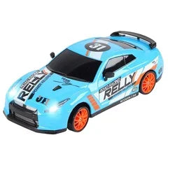Blue 1:24 RC drift car toy with orange wheels and relly graphics from Tafeen Toys