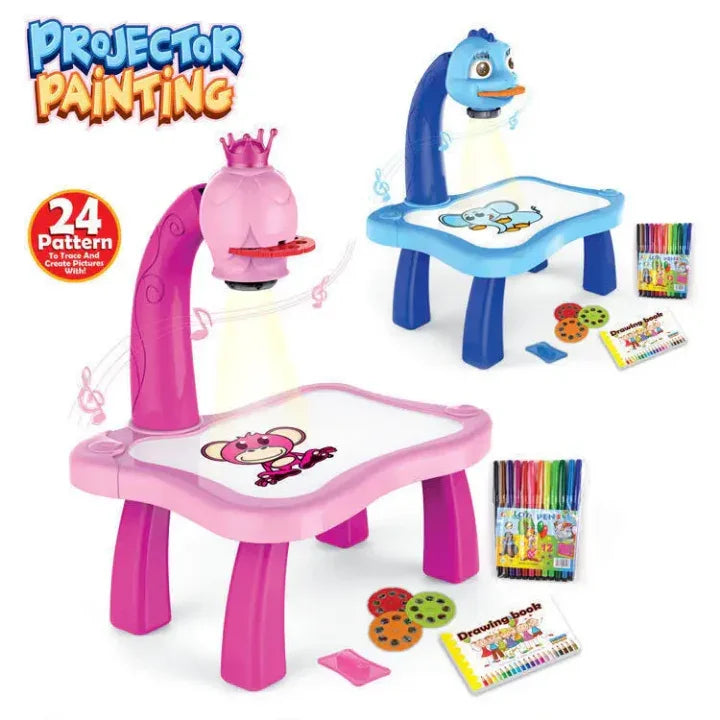 Kids projector painting drawing toy set with pink and blue tables, markers, and drawing book from Tafeen Toys