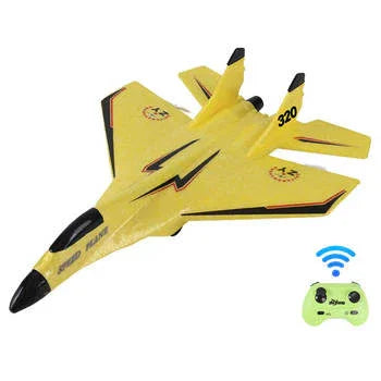 Yellow remote control toy jet plane with black accents and wireless controller, Tafeen Toys