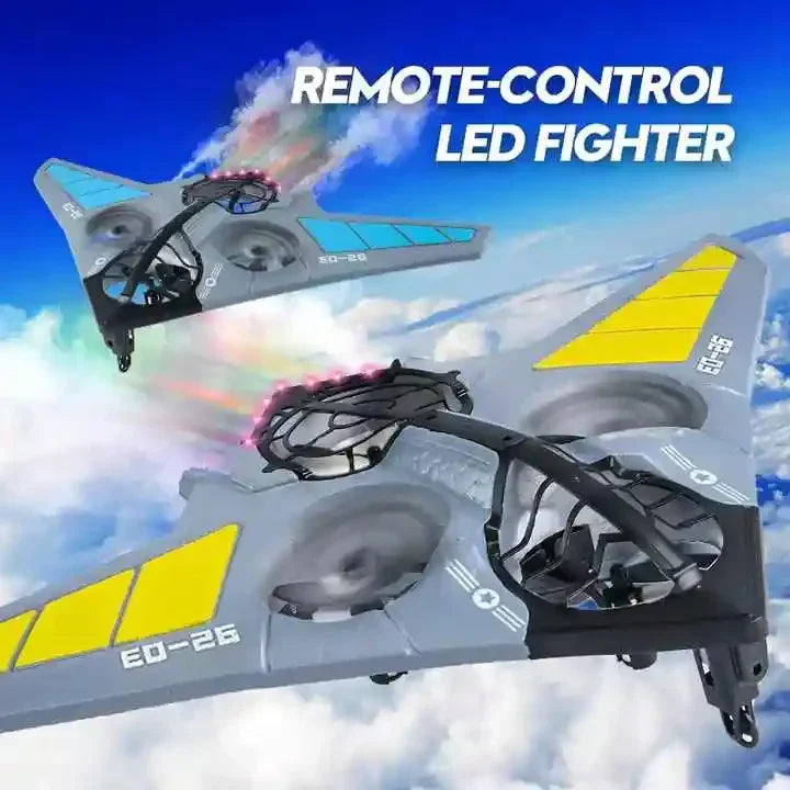 Remote control LED fighter toy aircraft with yellow and blue accents flying in the sky, Tafeen Toys