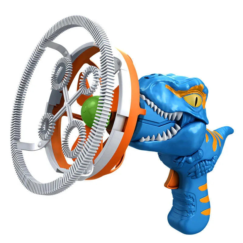 Blue dinosaur bubble gun toy with spinning rings, Tafeen Toys product.