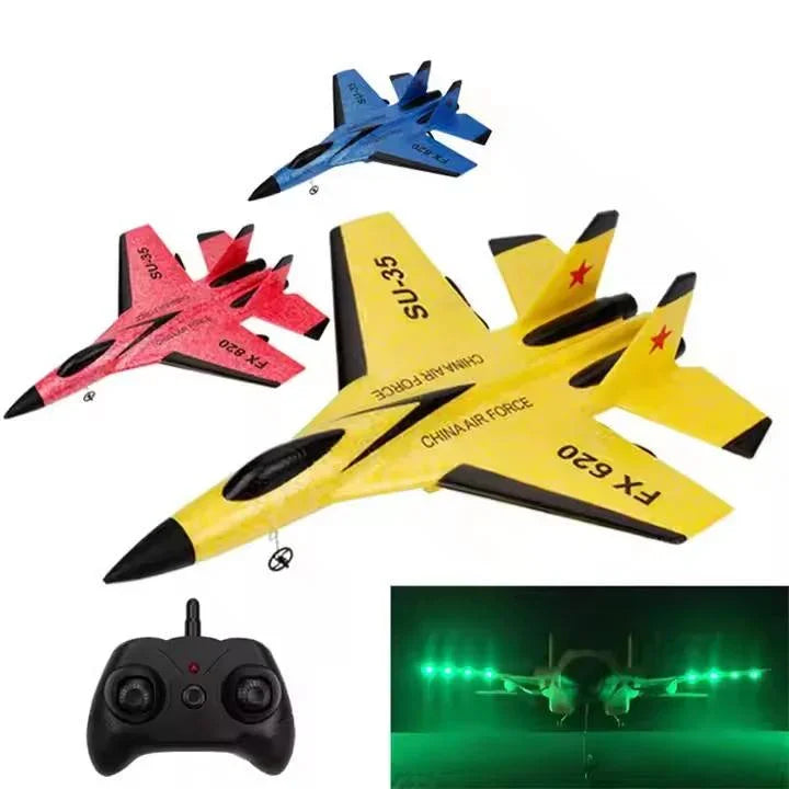 Remote control toy jet airplanes in yellow, red, and blue by Tafeen Toys with LED lights