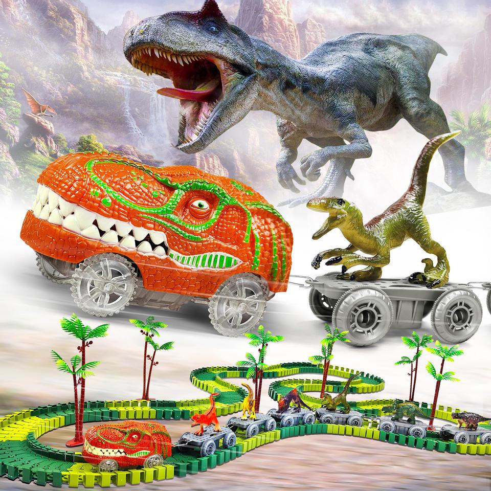 Dinosaur toy train set with track, palm trees, and dinosaur figures from Tafeen Toys
