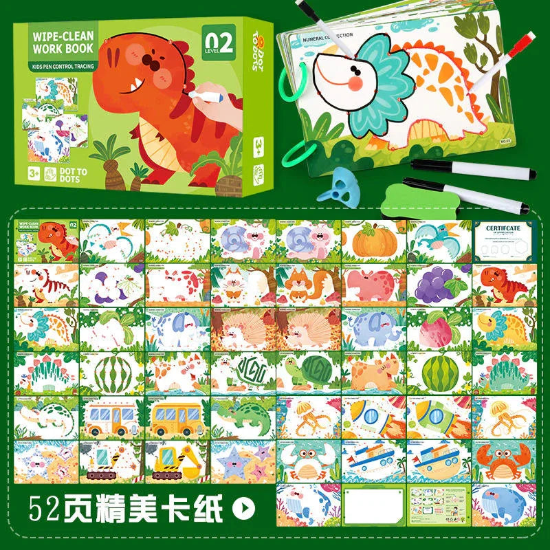 Tafeen Toys dinosaur-themed kids wipe-clean workbook with colorful animal tracing cards.