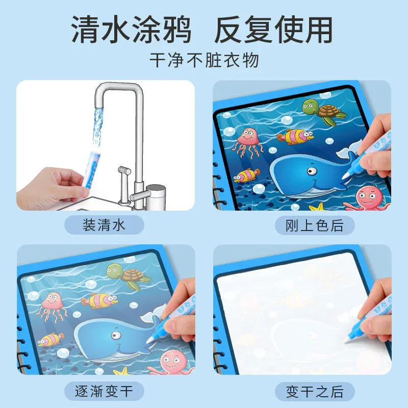 Reusable water coloring book for kids with undersea animals, blue pen, Tafeen Toys