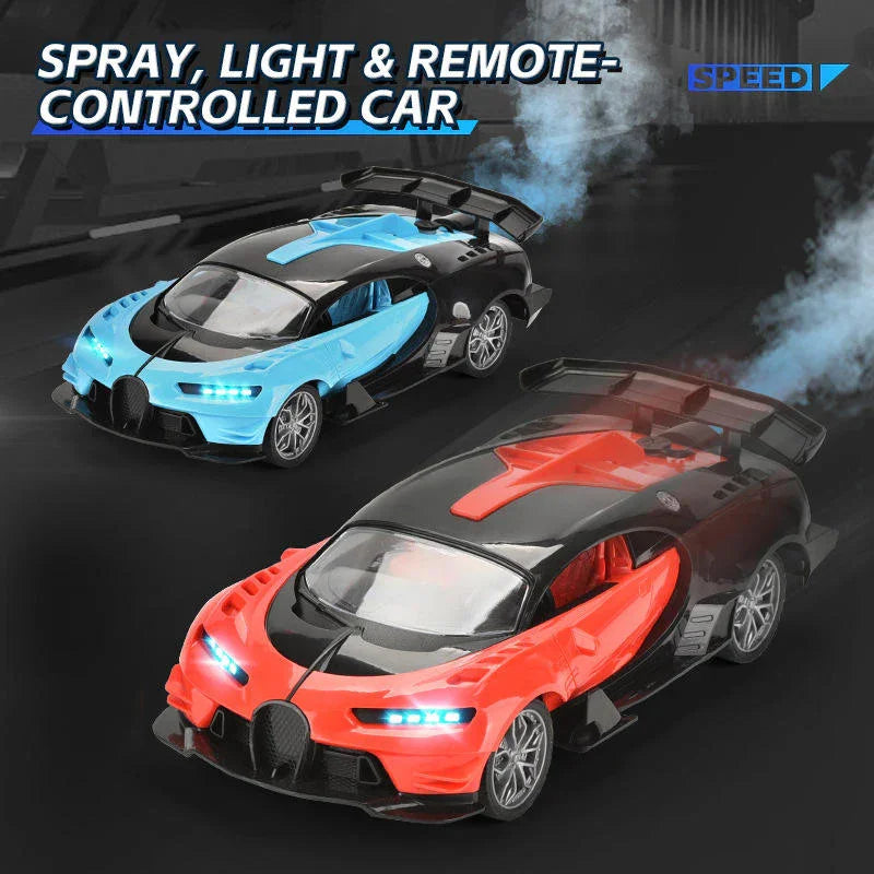 Spray light remote controlled toy cars in blue and red, racing on a dark track from Tafeen Toys