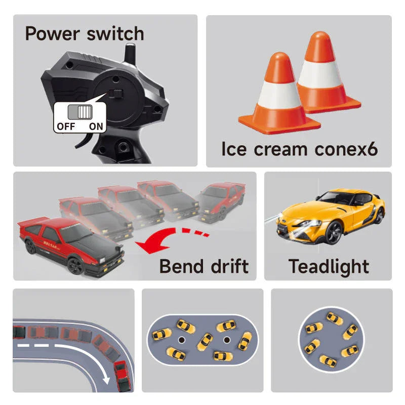 Remote control car toy features: power switch, traffic cones, bend drift, headlights, driving modes