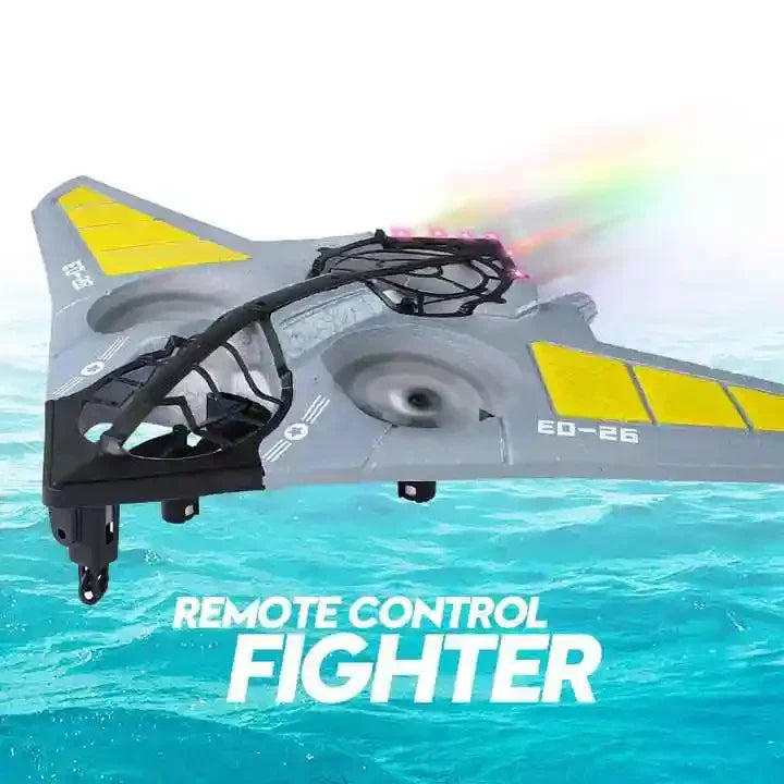 Remote control fighter plane toy with yellow details flying above blue water, Tafeen Toys