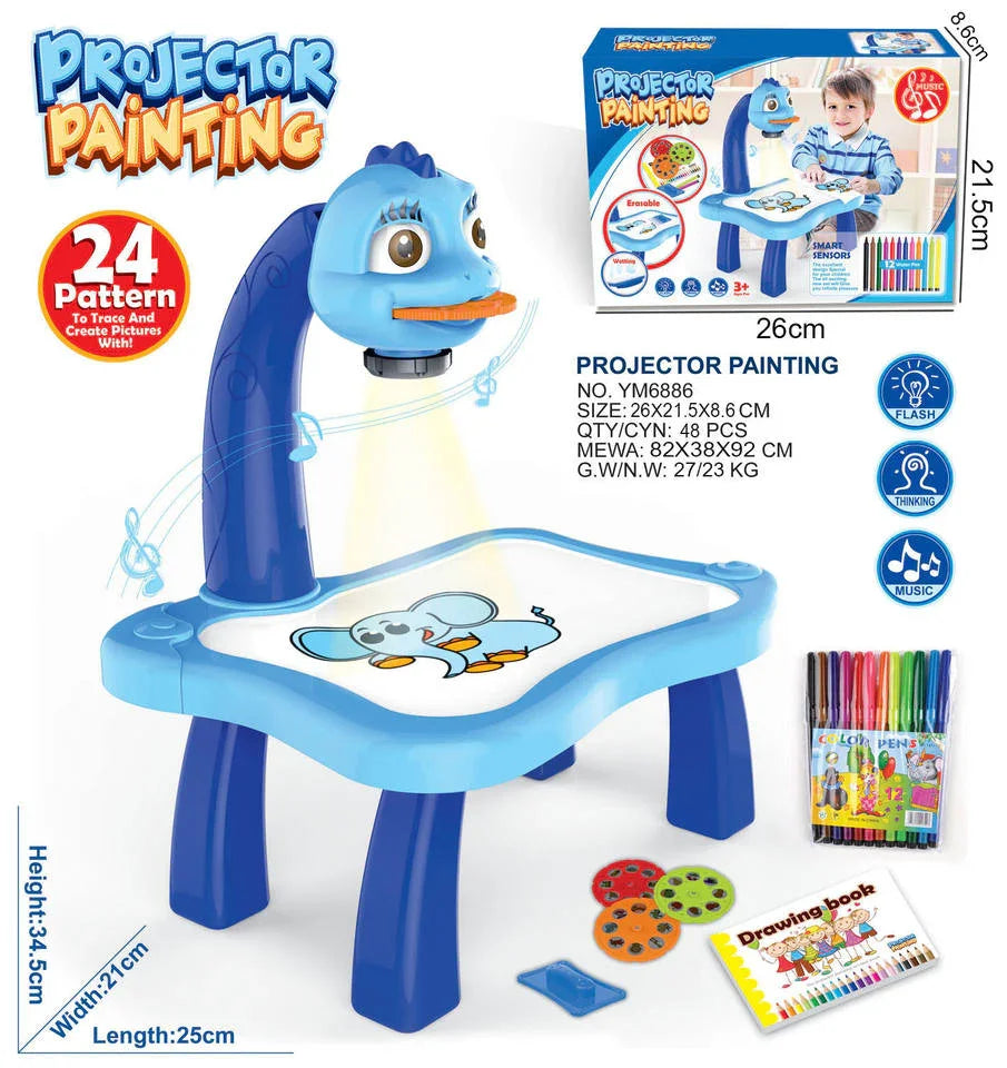 Projector painting table set for kids with blue animal projector, markers, and drawing book from Tafeen Toys.
