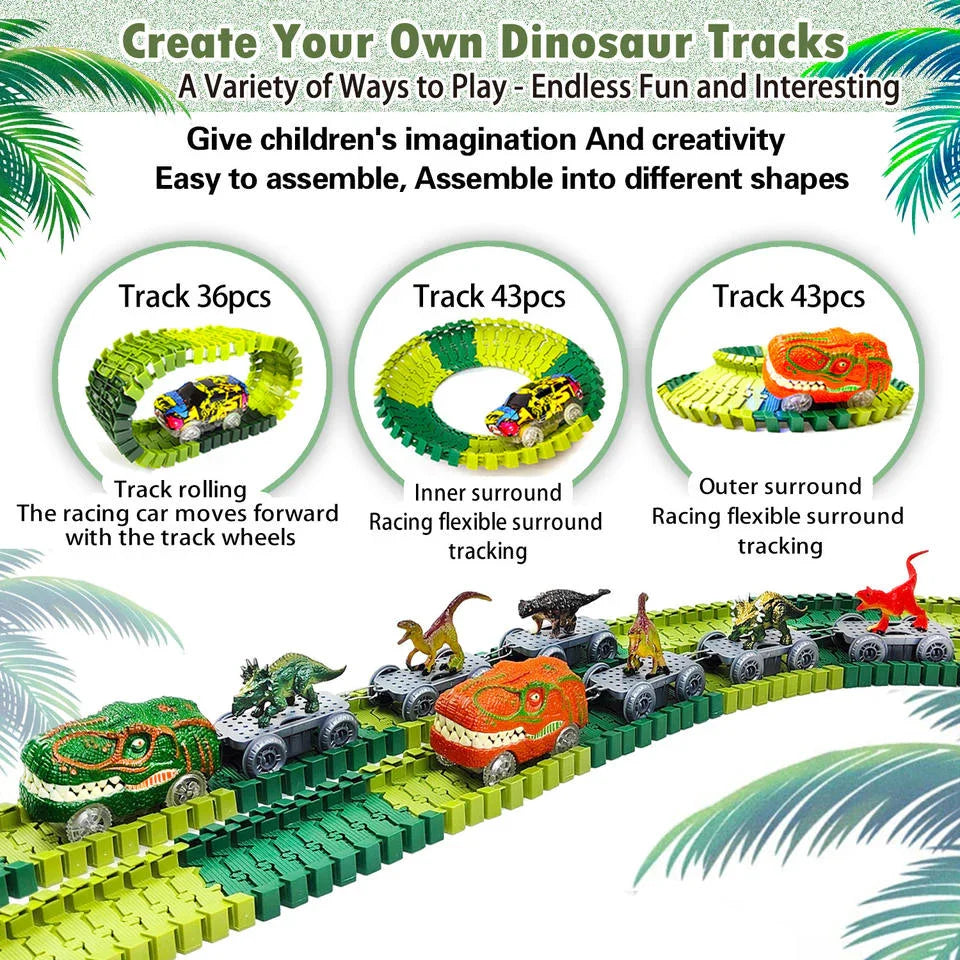 Tafeen Toys dinosaur track set with green flexible tracks, toy cars, and dinosaur figures displayed.