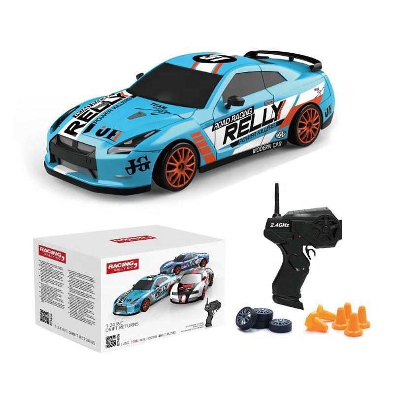 Tafeen Toys RC drift car set with blue race car, remote control, extra wheels, cones, and box.