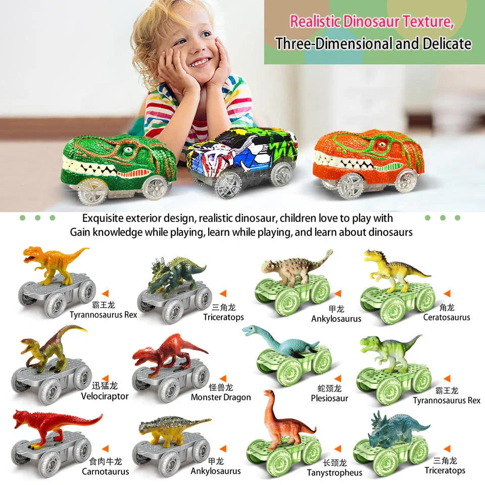 Child smiling with colorful dinosaur toy cars, Tafeen Toys dinosaur vehicle collection.