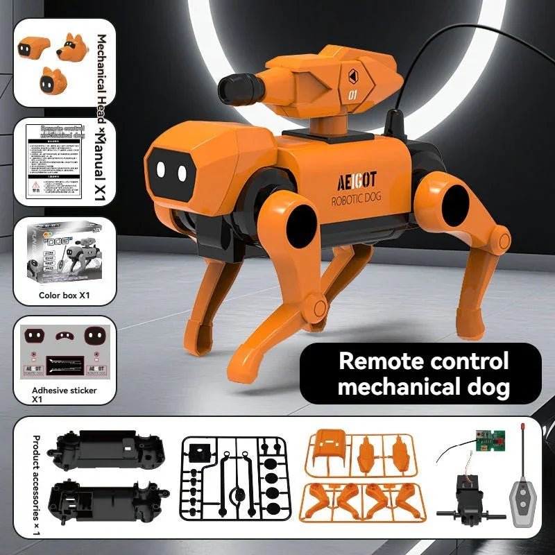 Tafeen Toys orange remote control robotic dog toy with assembly kit and accessories displayed.