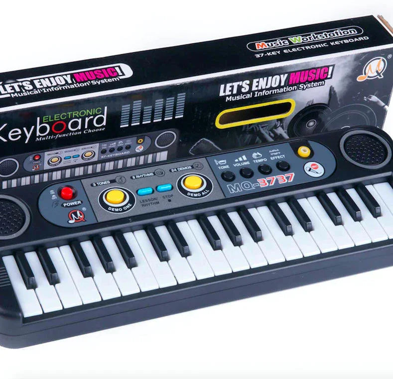 Tafeen Toys 37-key electronic keyboard for kids, black with colorful control buttons and box.