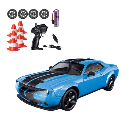 Blue remote control sports car toy set with extra wheels, cones, charger, and controller from Tafeen Toys