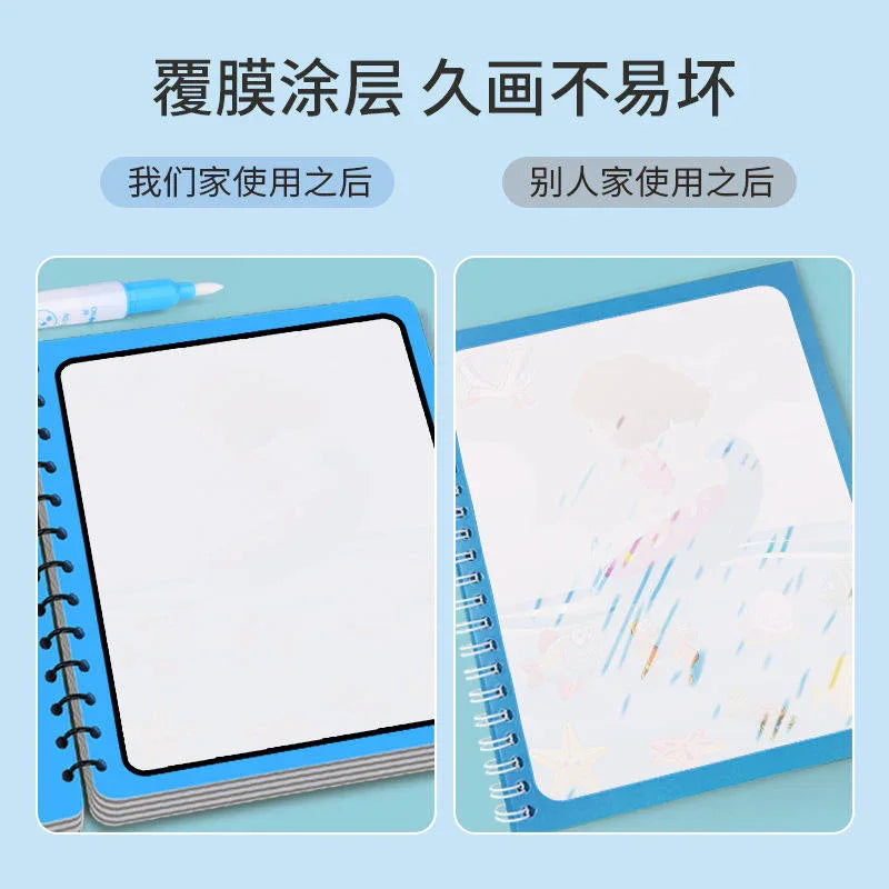 Reusable blue spiral kids drawing notebook with before and after use comparison, Tafeen Toys