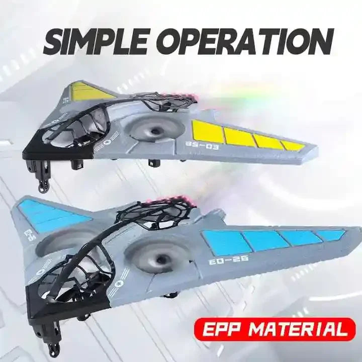 Two gray remote control toy planes with yellow and blue wings, Tafeen Toys, simple operation.