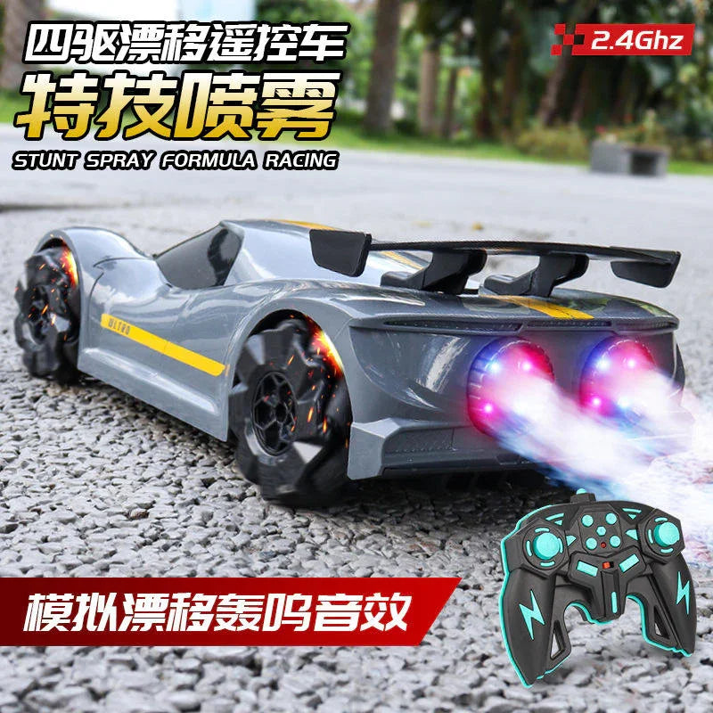Remote control stunt spray formula racing car toy with LED lights on road, Tafeen Toys