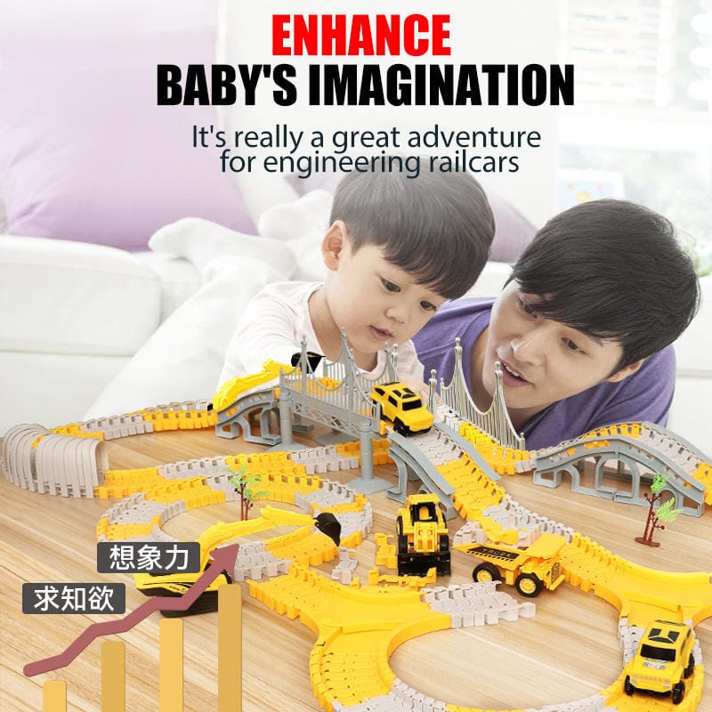 Father and son playing with yellow engineering railcar track toy set on table, Tafeen Toys