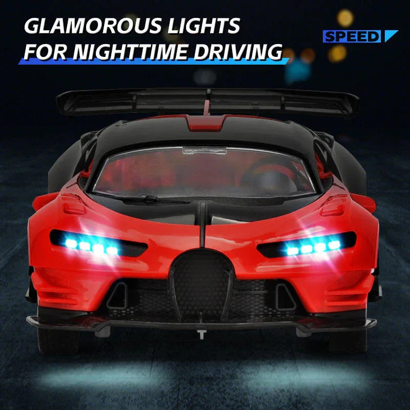 Red toy sports car with LED headlights, Tafeen Toys, glam lights, nighttime driving, SPEED