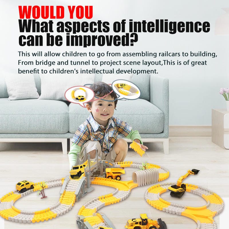 Smiling child playing with construction vehicle track toy set in living room, Tafeen Toys