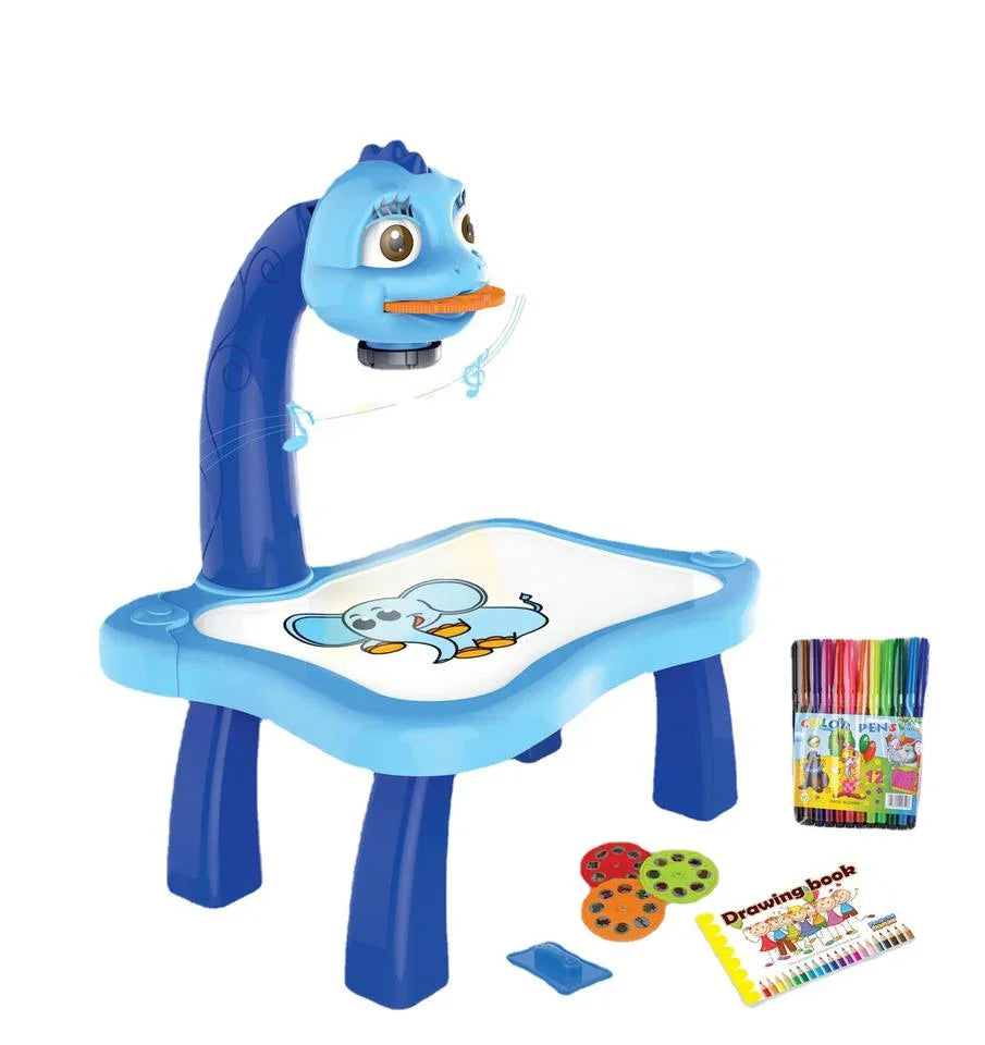 Tafeen Toys blue kids projector drawing table with cartoon elephant, color pens, and drawing book.