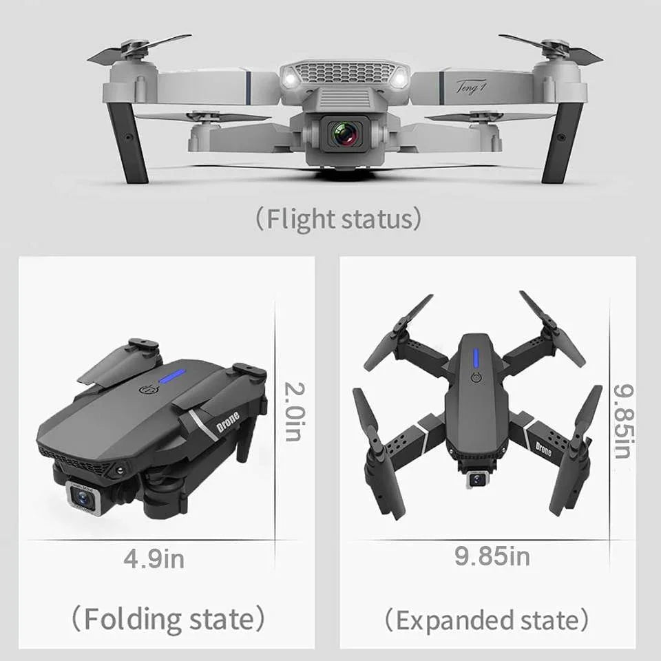 Foldable camera drone in flight, folded, and expanded states with size dimensions, Tafeen Toys.