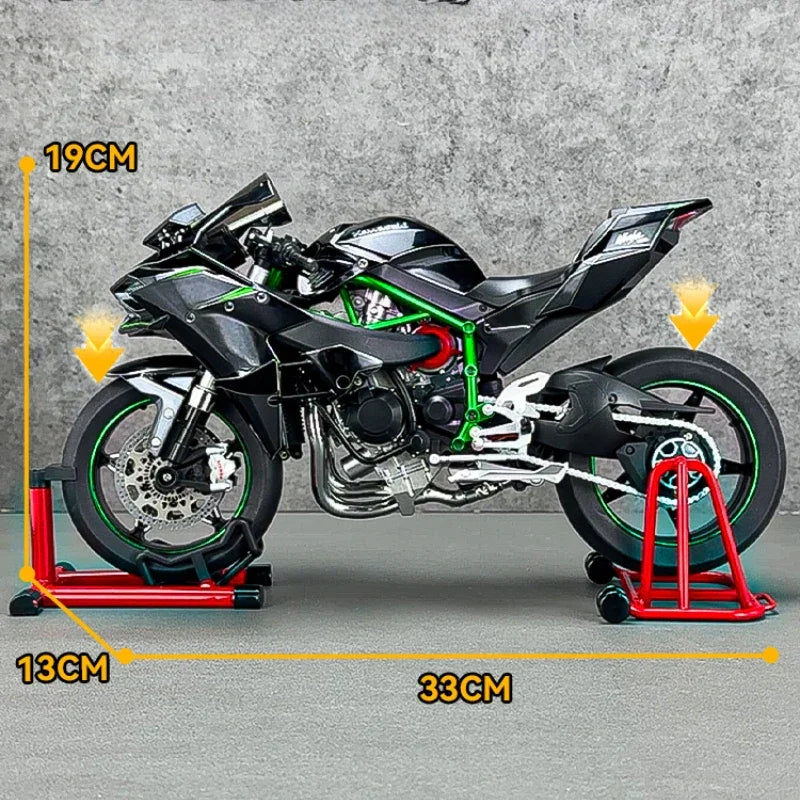 Tafeen Toys black motorcycle toy model with green accents, 33cm long, 19cm high, 13cm wide