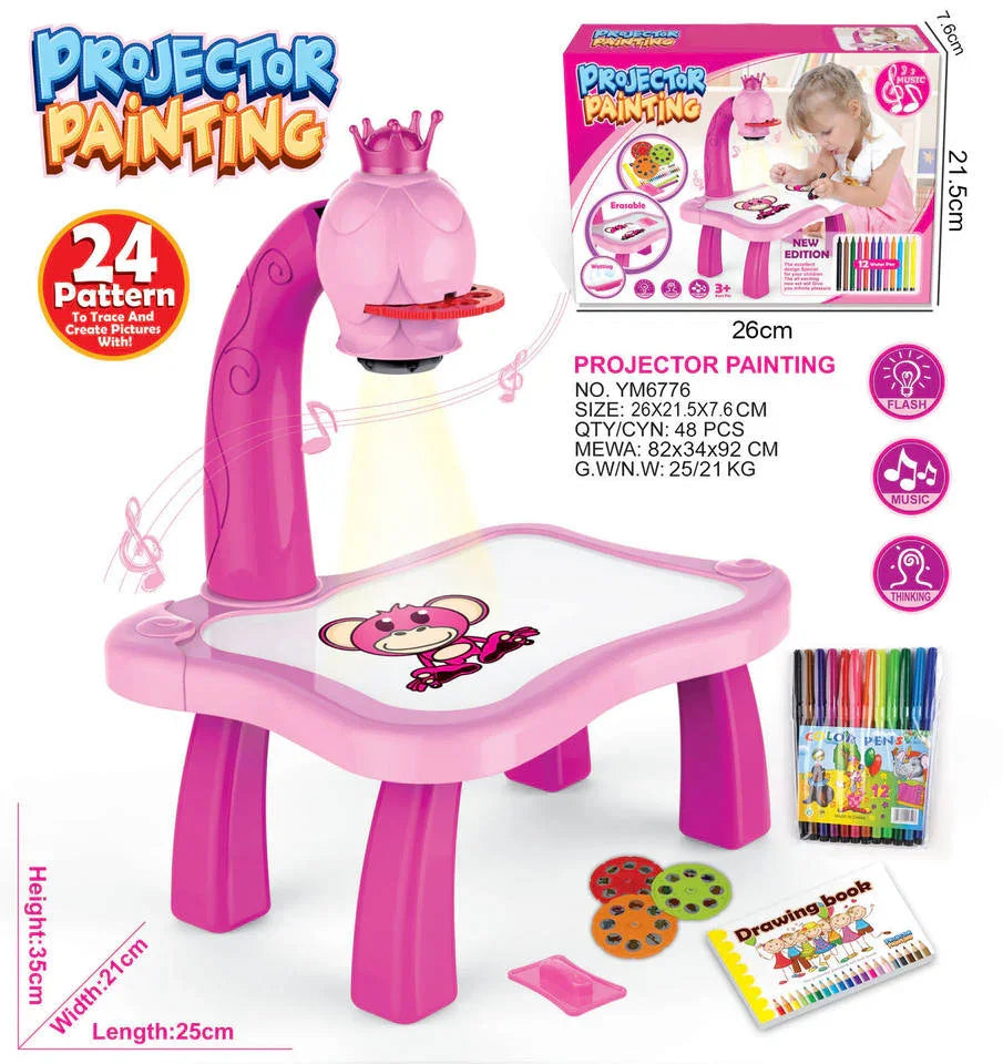 Pink projector painting drawing table for kids with markers, stencils, and drawing book, Tafeen Toys