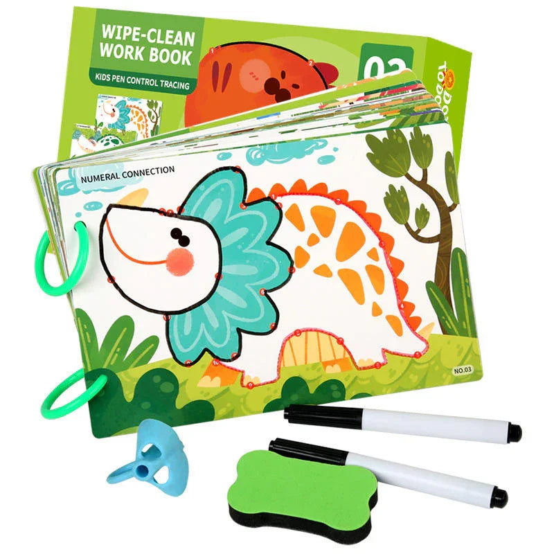 Tafeen Toys wipe-clean work book for kids with dinosaur tracing, markers, and eraser