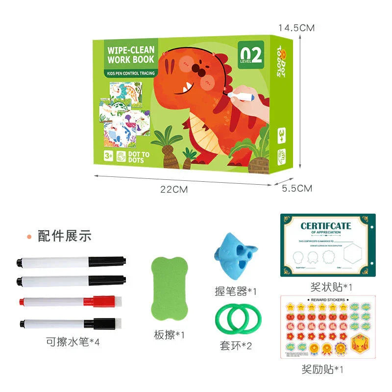 Tafeen Toys kids wipe-clean dinosaur workbook set with markers, eraser, grips, rings, reward stickers, and certificate.