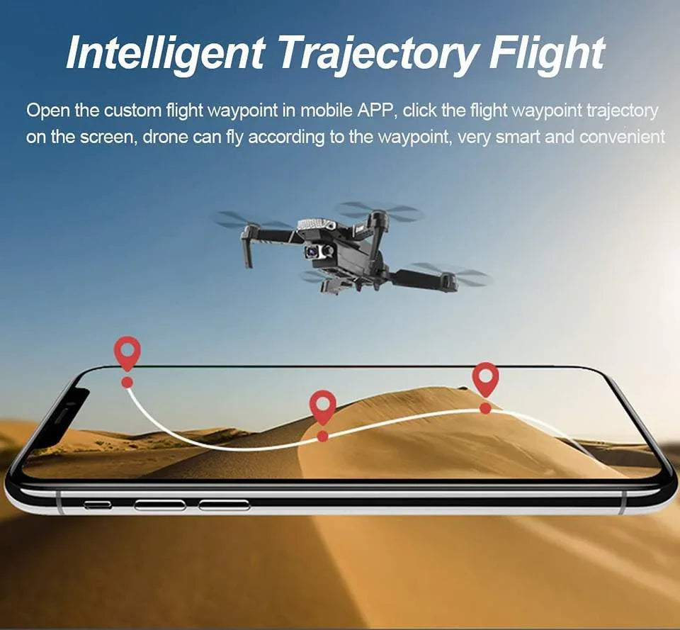 Smart drone flying over desert, waypoint navigation shown on smartphone, Tafeen Toys