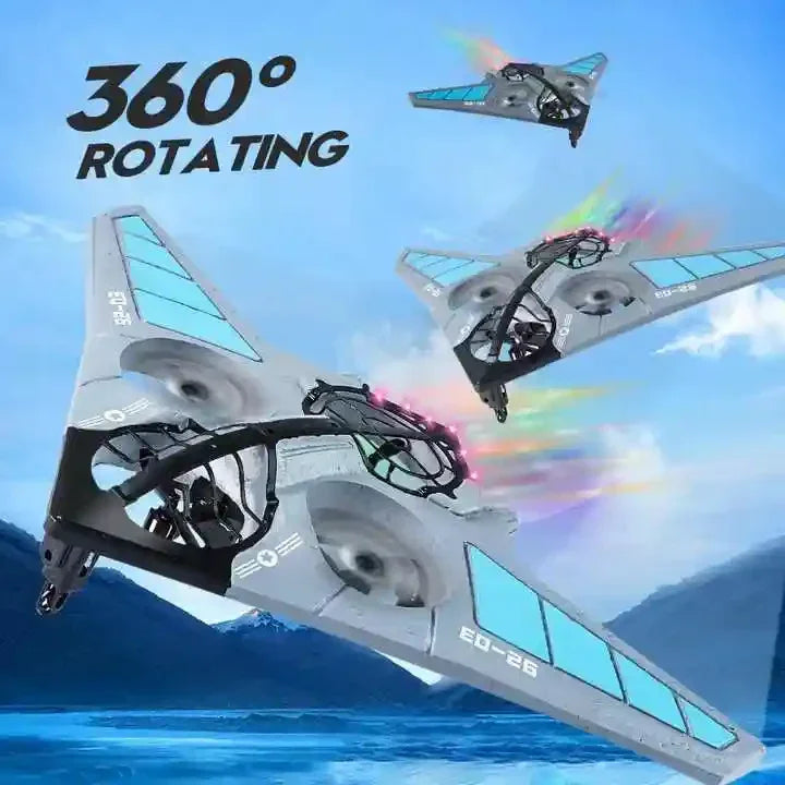 360 degree rotating flying toy plane with blue wings, shown in action, Tafeen Toys