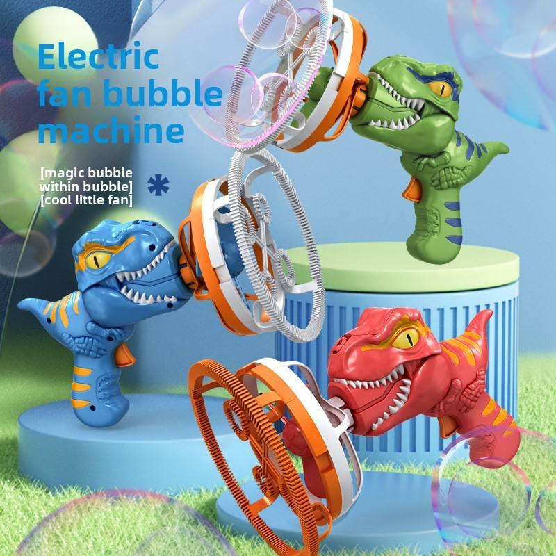 Dinosaur-shaped electric fan bubble machines for kids, colorful toys at Tafeen Toys.