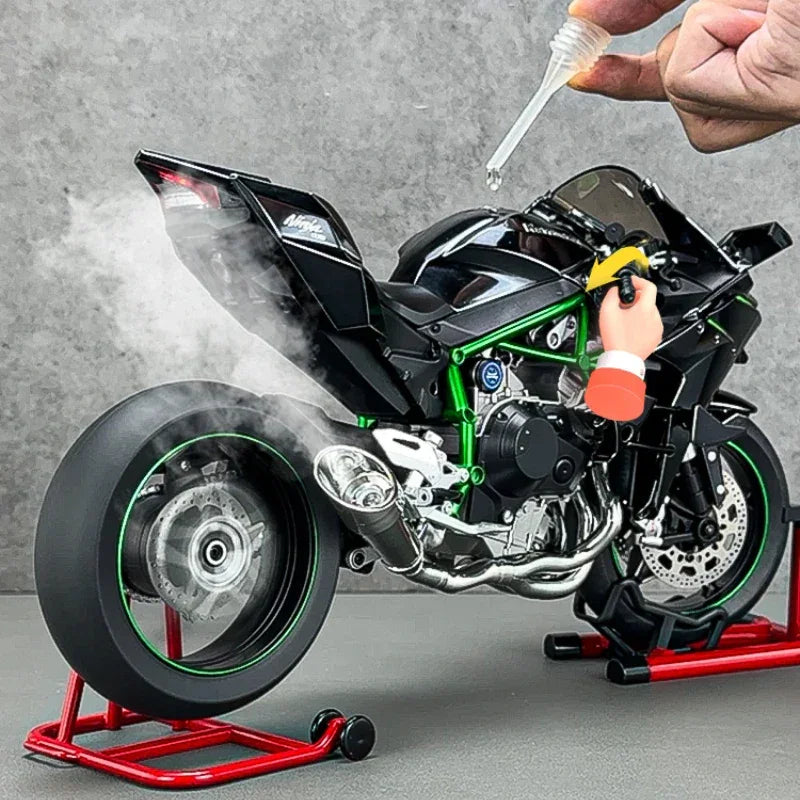 Realistic black toy motorcycle with green accents emitting smoke, on display at Tafeen Toys