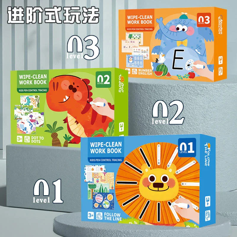 Tafeen Toys Wipe-Clean Work Books for kids, animal-themed educational sets, levels 1-3