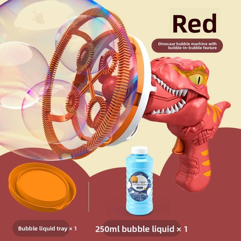 Red dinosaur bubble machine toy with large bubble wand, 250ml bubble liquid, and tray