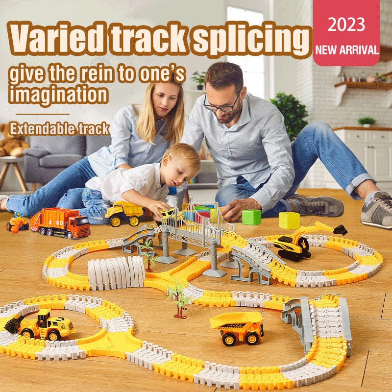 Family playing with Tafeen Toys varied track splicing construction set on wooden floor