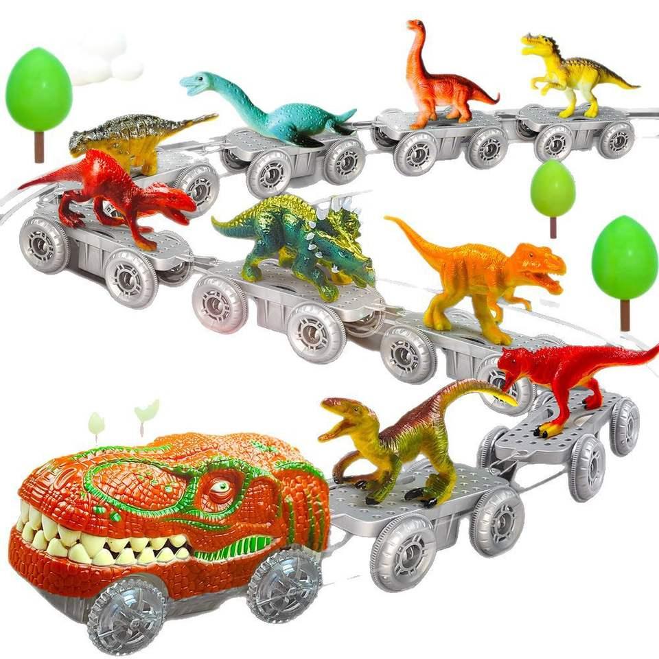 Dinosaur toy train set with colorful dinosaur figures on silver train cars, Tafeen Toys