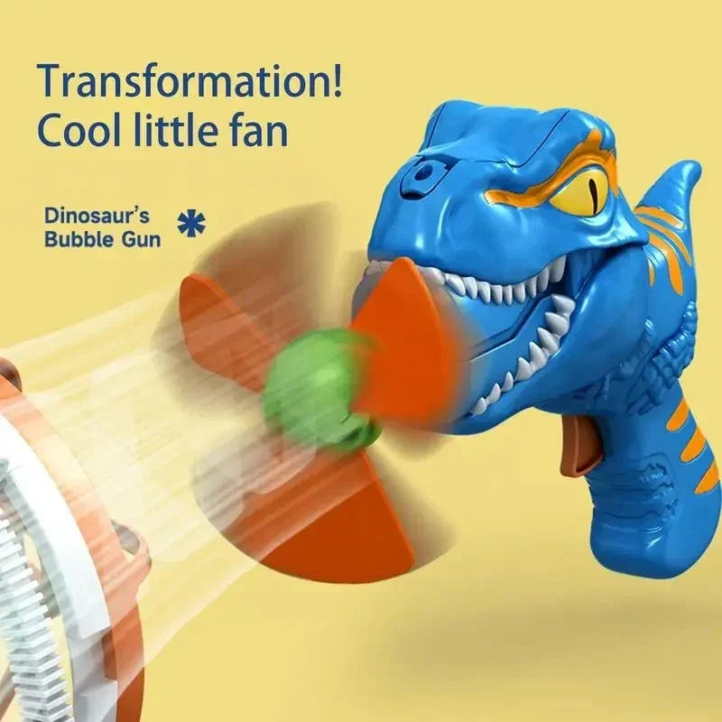 Blue dinosaur bubble gun toy with spinning fan blades, Tafeen Toys kids gadget.