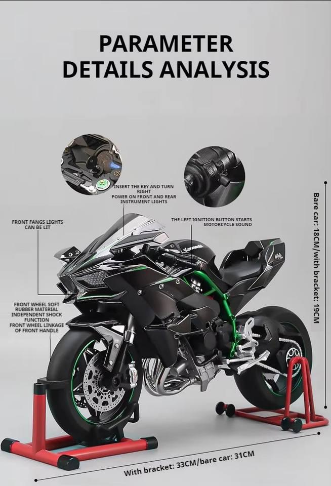 Tafeen Toys black and green toy motorcycle model with detailed labeled features and measurements.