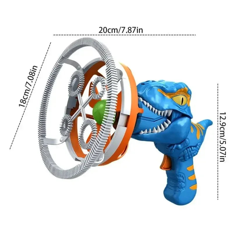 Blue dinosaur bubble gun toy with circular bubble blower, product dimensions shown, Tafeen Toys
