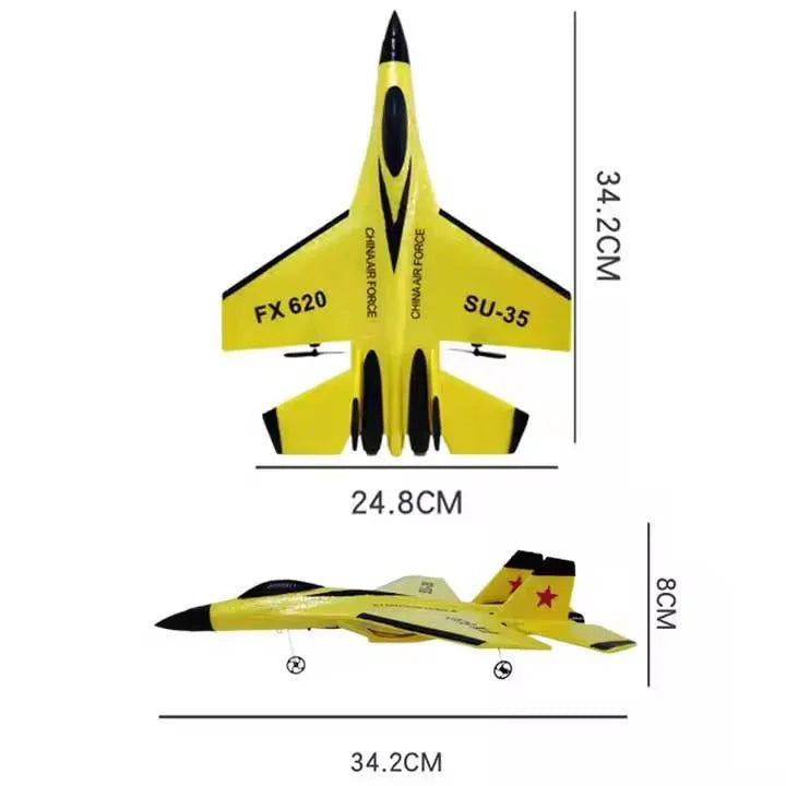 Yellow FX-620 SU-35 toy jet plane with CHINA AIR FORCE markings, shown with product dimensions.