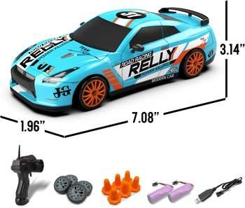 Blue remote control rally car toy with accessories, orange wheels, and size dimensions from Tafeen Toys