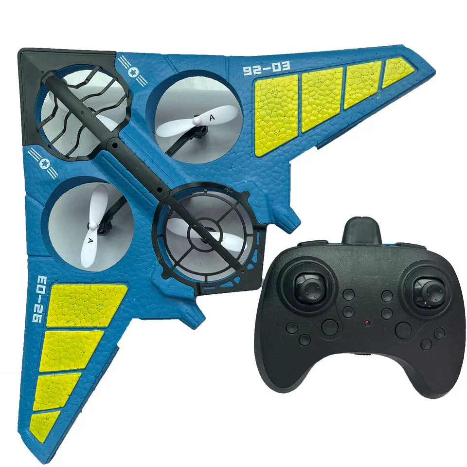 Blue and yellow foam RC drone airplane with black remote control, Tafeen Toys