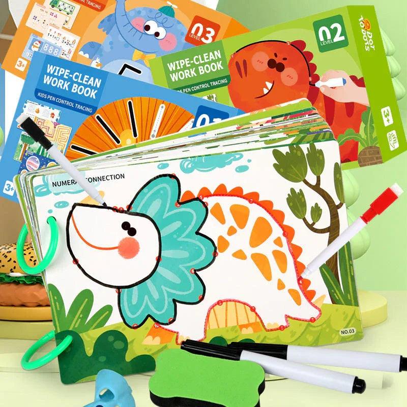 Colorful dinosaur wipe-clean activity books for kids with markers, Tafeen Toys educational set