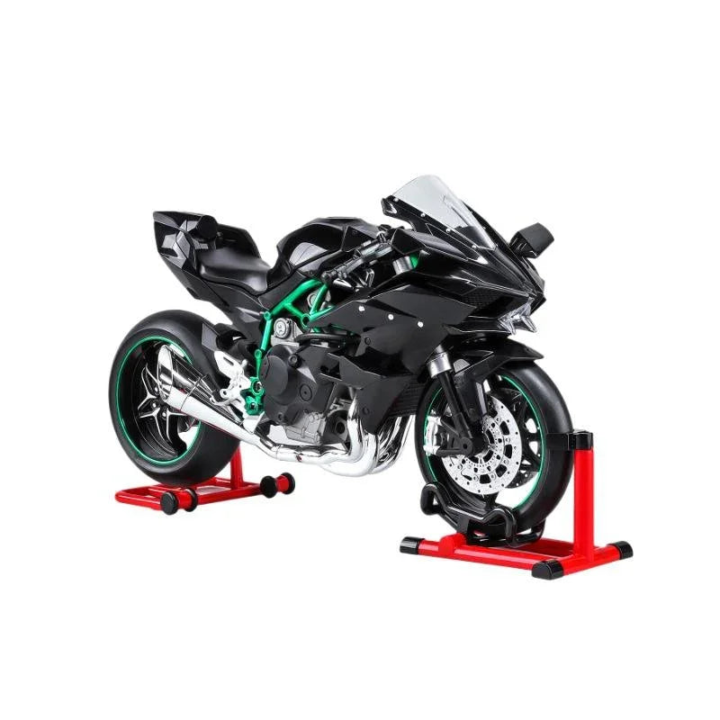 Black motorcycle toy model with green frame and red stands, Tafeen Toys product
