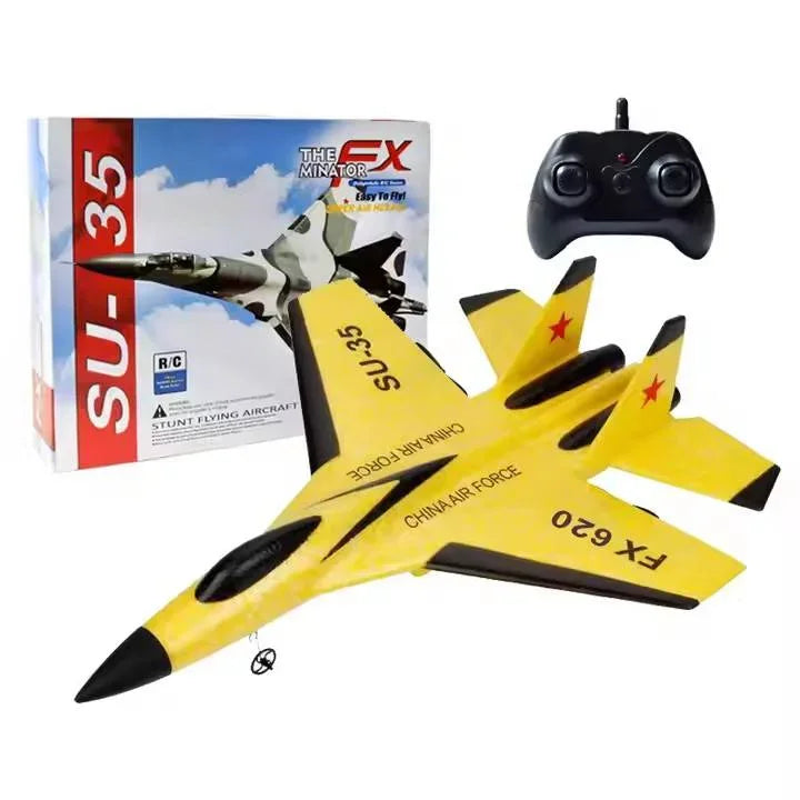 Yellow SU-35 remote control stunt plane toy with controller and box, Tafeen Toys