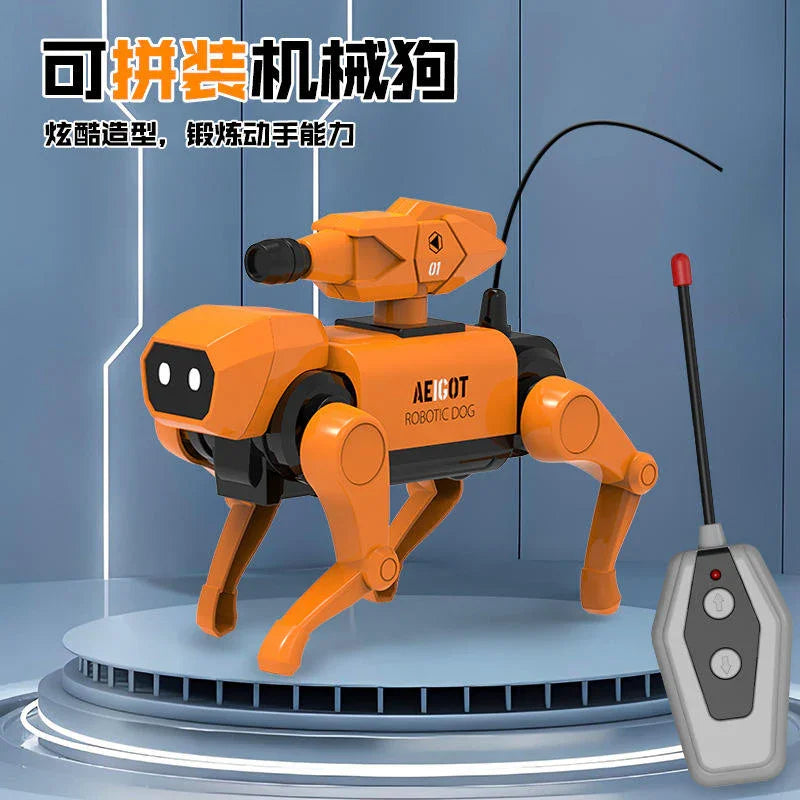 Orange robotic dog toy with remote control on a futuristic platform, Tafeen Toys product.