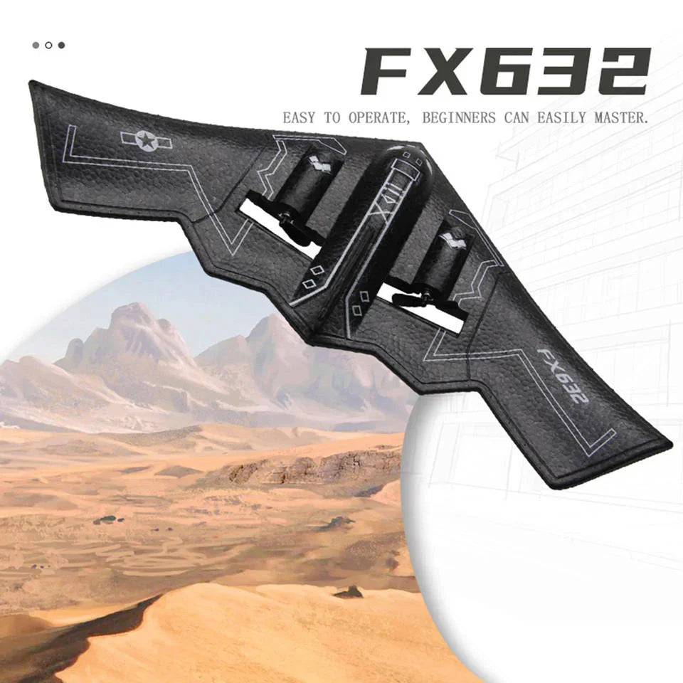 FX632 black remote control glider toy airplane flying above desert landscape, Tafeen Toys